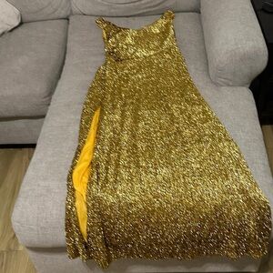 Gold metallic full length wrap dress